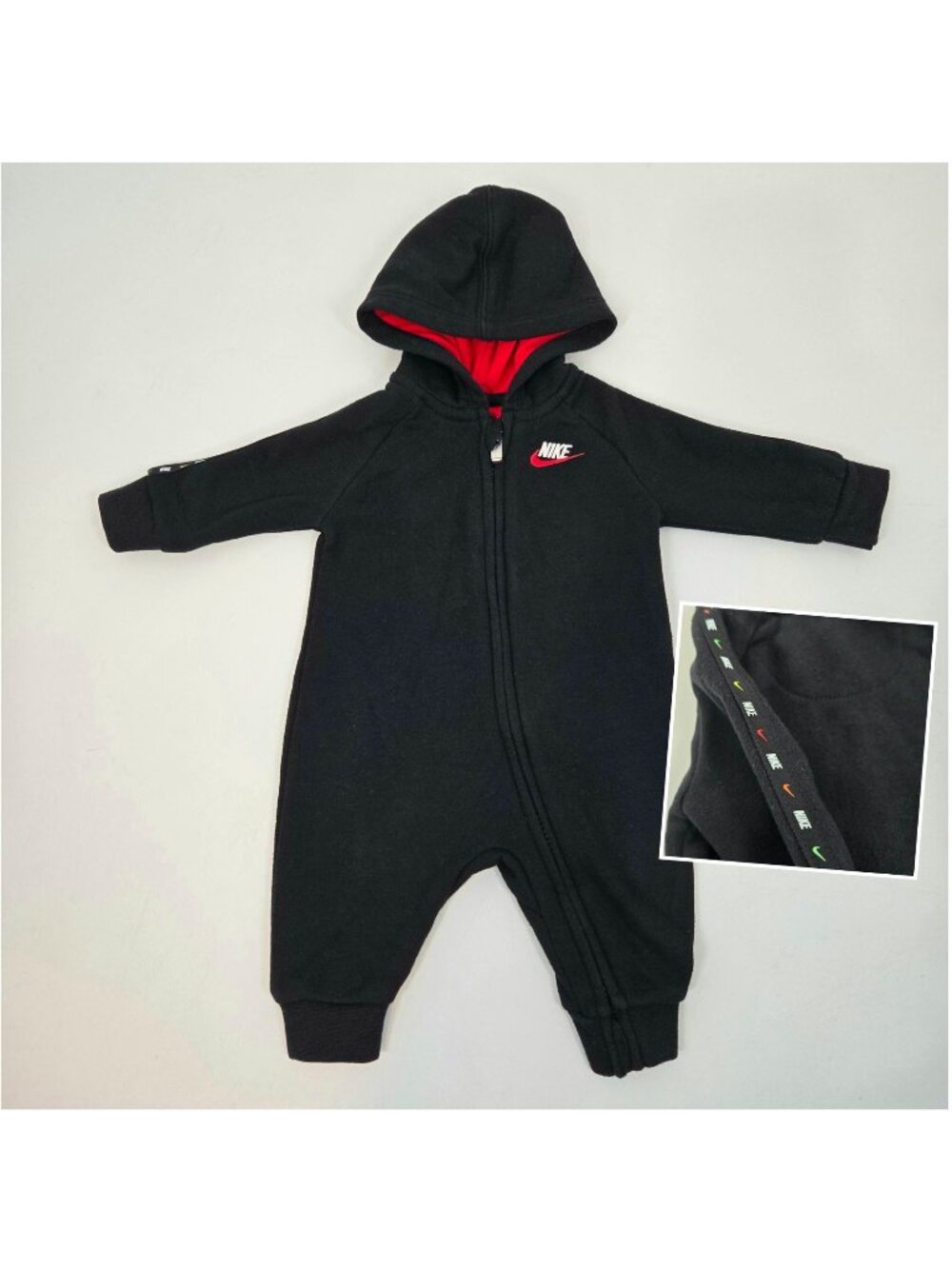 Nike Black Long Sleeve One Piece Zip Up Bodysuit with Hood Logo Baby Size 3M